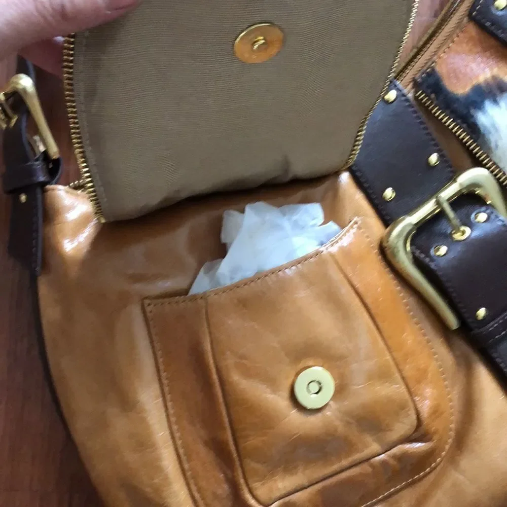 Sondra Roberts Tan, Brown & White Hobo Bag with Haircalf Accents
